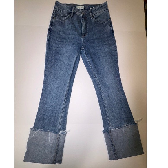 Cleo + Wolf Denim - Cleo Wolf High Rise Bootcut Jeans Blue Distressed Cuffed Hem Size 26W 34L